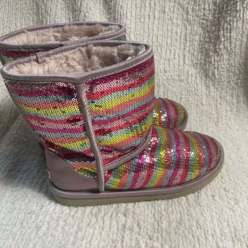 UGG sparkle Sequins Rainbow kids Boots leather blush pink trims fur lining SZ6